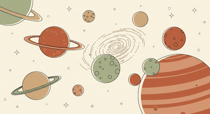 Kids-Mundo flat artwork of line drawn planets and a soft galaxy on cream