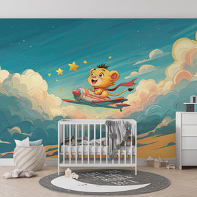 Lion pilot spacecraft mural wallpaper with blue clouds in baby nursery setting