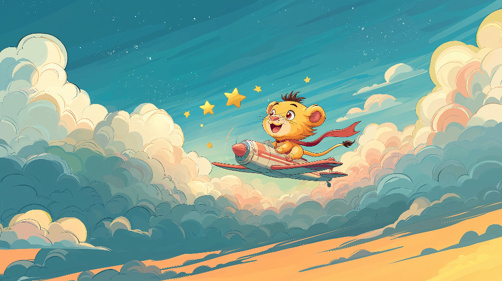 Detailed lion adventure clouds and stars mural wallpaper design pattern by Kids-Mundo