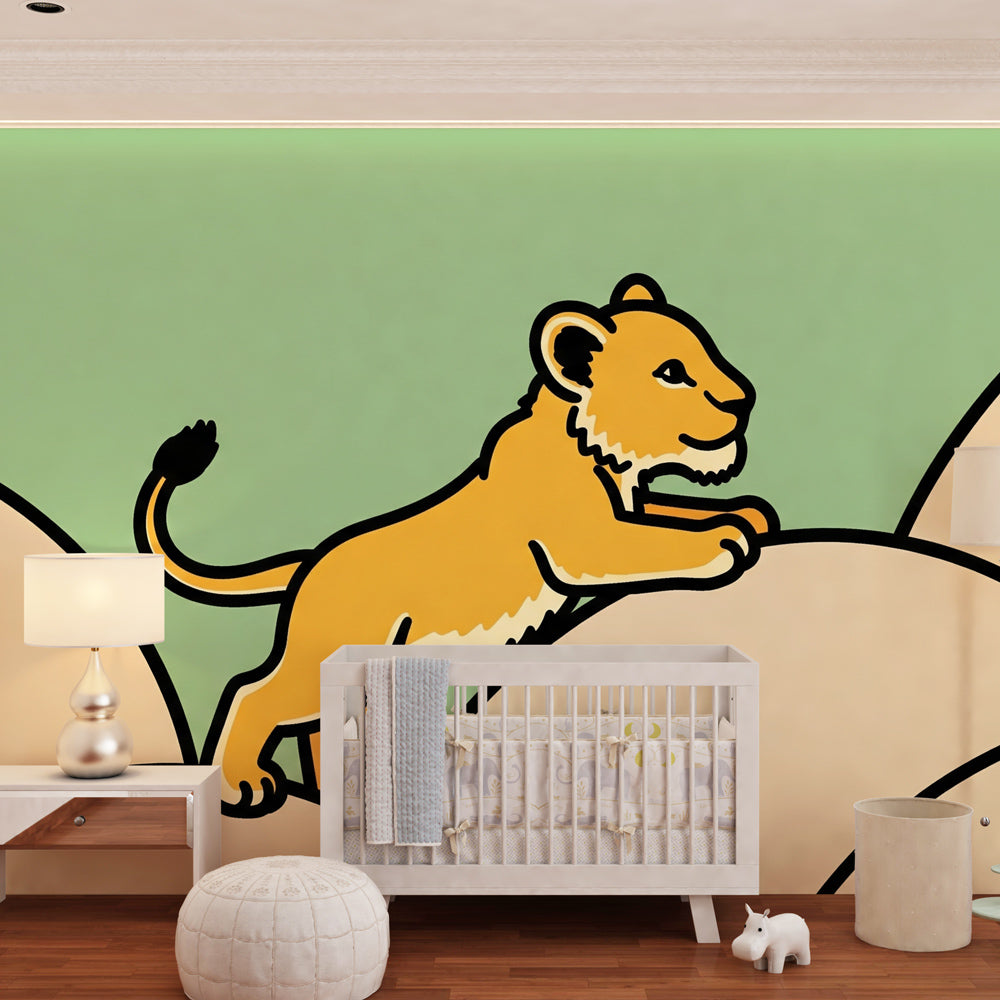 Safari lion wallpaper creating adventurous atmosphere in children's bedroom with green accents