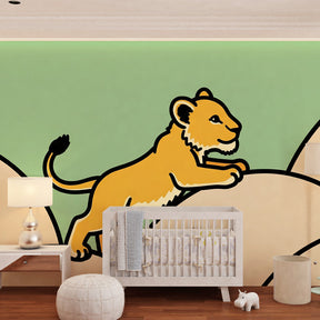 Safari lion wallpaper creating adventurous atmosphere in children's bedroom with green accents