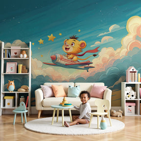 Lion adventure mural wallpaper in modern baby nursery with clouds and stars by Kids-Mundo