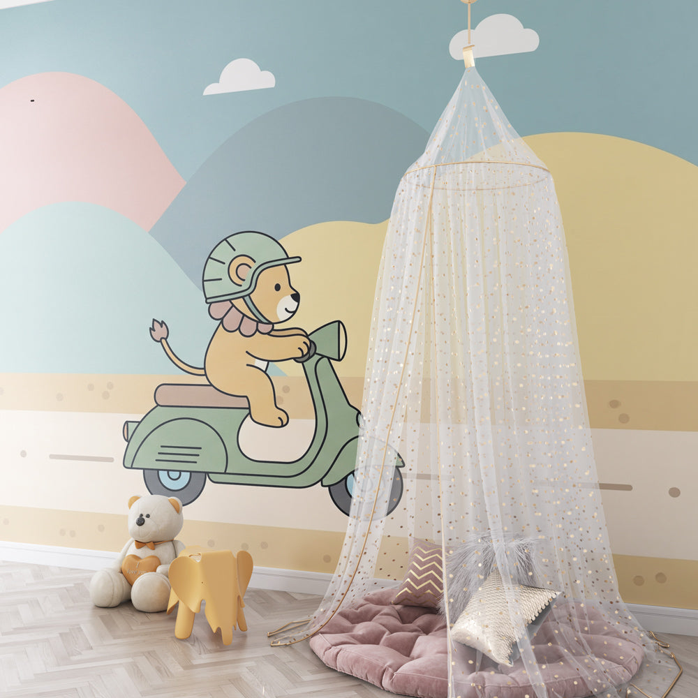 Playful lion scooter wallpaper transforming children's playroom into safari adventure space by Kids-Mundo