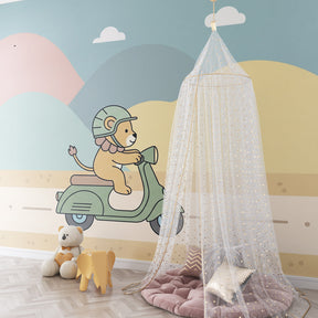 Playful lion scooter wallpaper transforming children's playroom into safari adventure space by Kids-Mundo