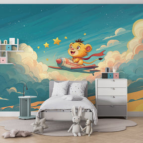 Adventure themed lion wallpaper creating magical atmosphere in children's bedroom