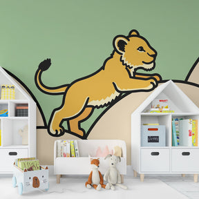 Little lion cub mural wallpaper transforming toddler room into safari adventure space