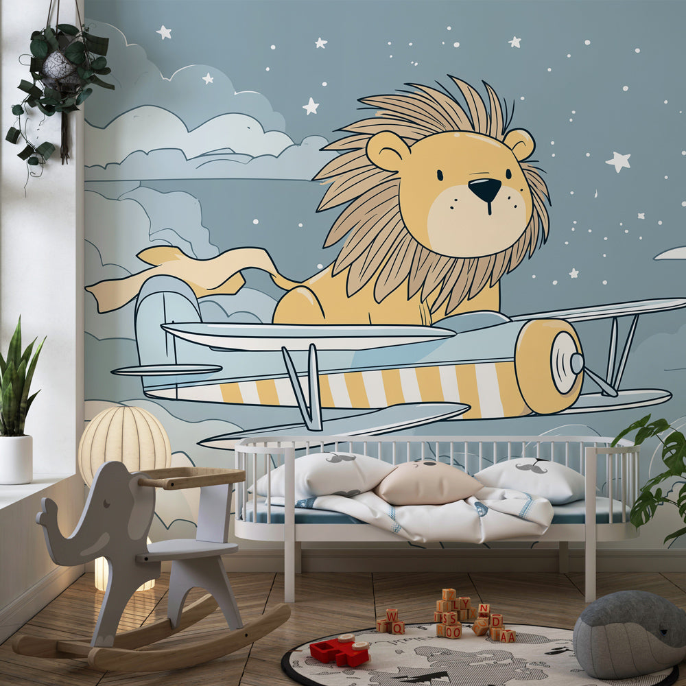 Cloud pilot lion mural wallpaper transforming kids playroom into adventure space