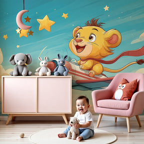 Lion aviator mural wallpaper in cozy nursery with wooden crib by Kids-Mundo