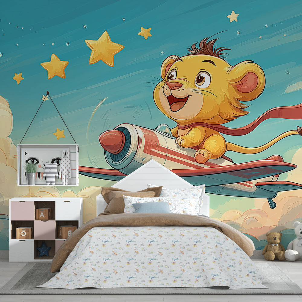 Whimsical lion airplane wallpaper transforming bright playroom into sky adventure space
