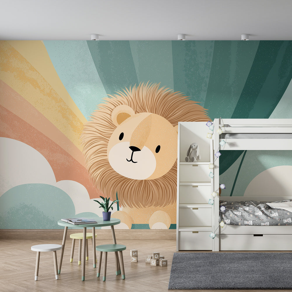 Adorable lion hot air balloon wallpaper creating magical atmosphere in baby bedroom