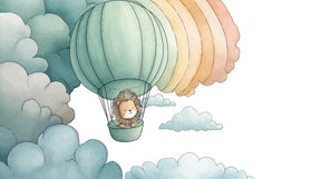 Detailed lion balloon mural wallpaper design pattern showing sage green hot air balloon with clouds by Kids-Mundo