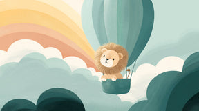 Detailed lion hot air balloon mural wallpaper design pattern with clouds and rainbow by Kids-Mundo