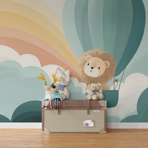 Adventure sky themed mural wallpaper featuring lion in balloon above clouds for children's room