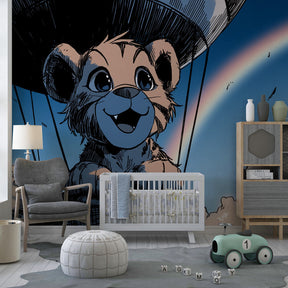 Whimsical lion balloon wallpaper with clouds and rainbow perfect for children's playroom decor