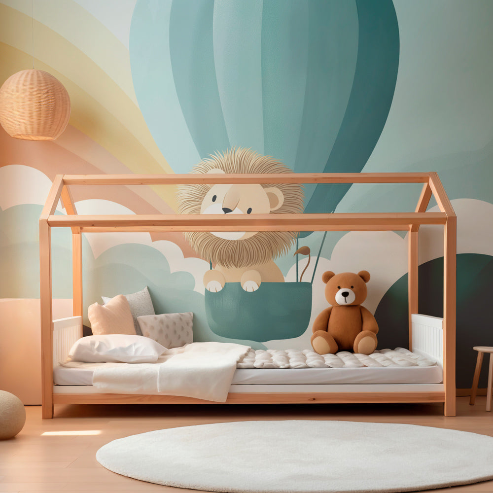 Whimsical lion balloon wallpaper creating dreamy atmosphere in modern kids playroom by Kids-Mundo