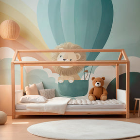 Whimsical lion balloon wallpaper creating dreamy atmosphere in modern kids playroom by Kids-Mundo