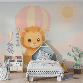 Whimsical lion hot air balloon wallpaper transforming toddler playroom decor