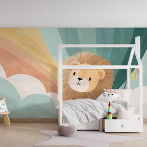 Soft turquoise and beige lion balloon mural wallpaper for serene nursery decor