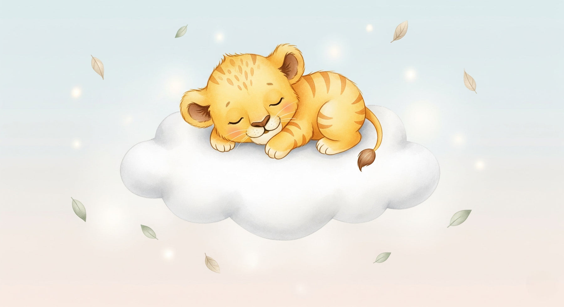 Detailed lion on cloud mural wallpaper design pattern with floating leaves by Kids-Mundo