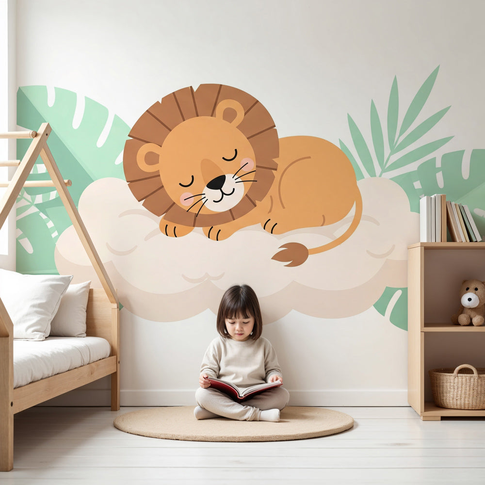 Lion cloud mural wallpaper in modern nursery with natural wood furniture by Kids-Mundo