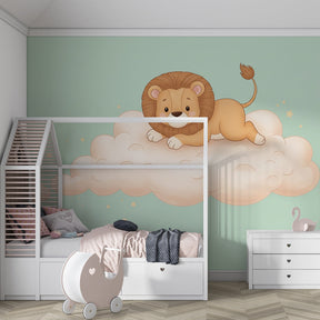 Safari cloud wallpaper transforming kids playroom with gentle lion character