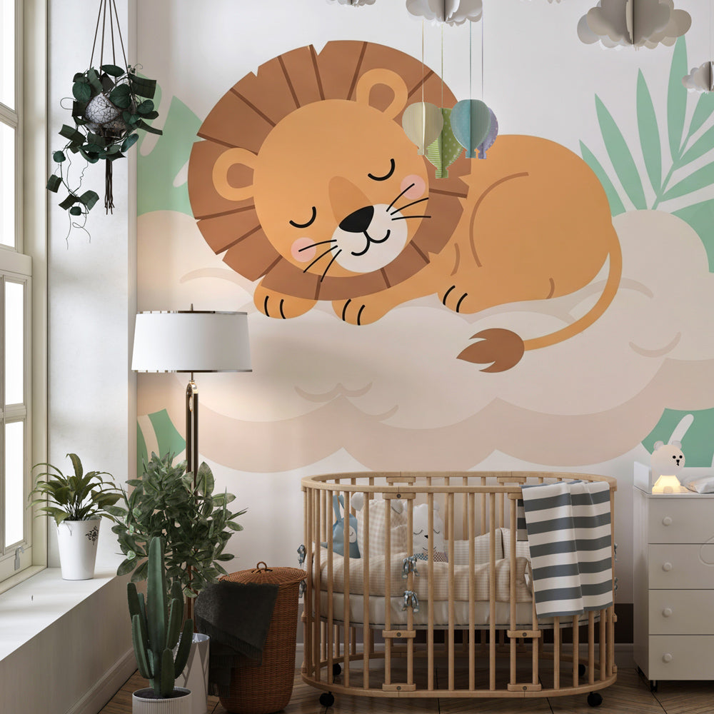 Safari lion cloud wallpaper transforming kids playroom into dreamy jungle retreat