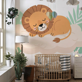 Safari lion cloud wallpaper transforming kids playroom into dreamy jungle retreat