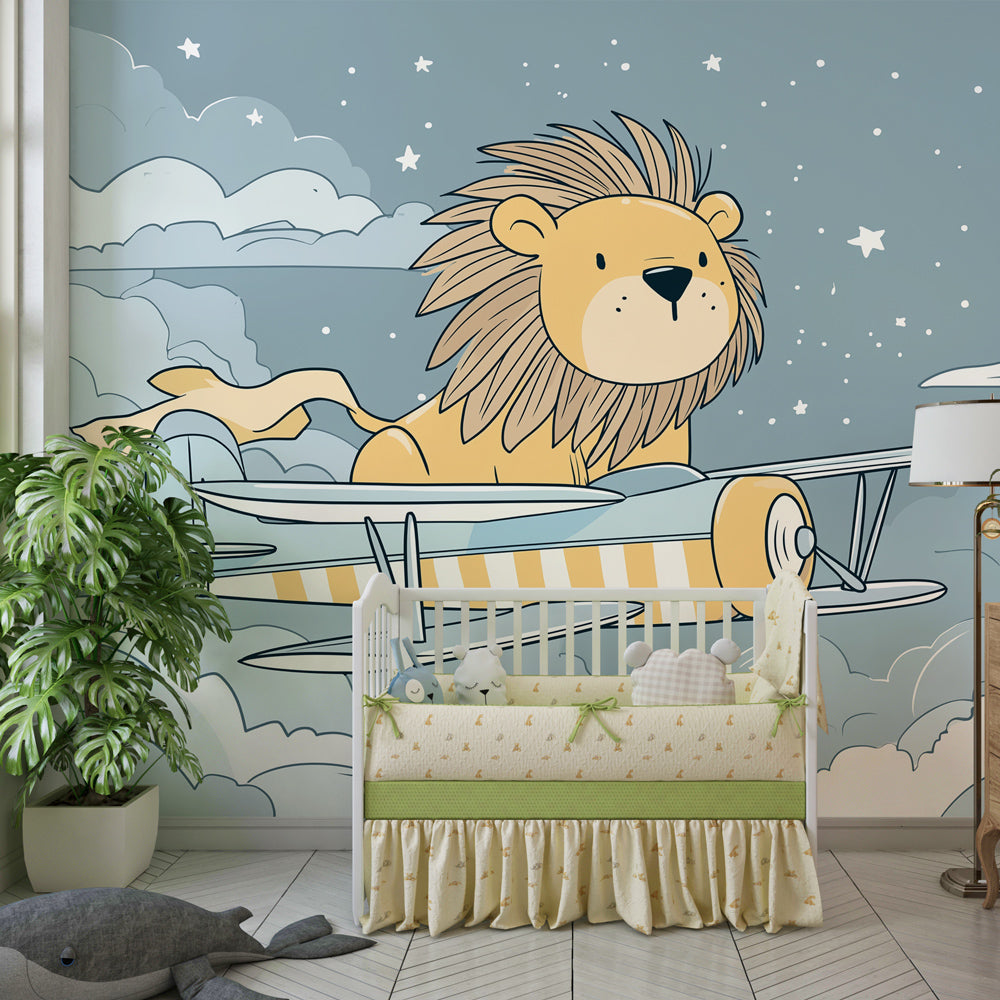 Lion airplane wallpaper creating magical atmosphere in children's bedroom decor