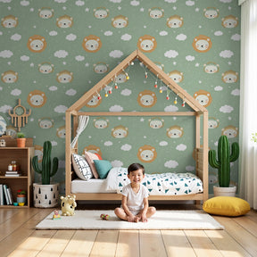 Lion clouds mural wallpaper creating gentle safari nursery decor with soft green tones by Kids-Mundo