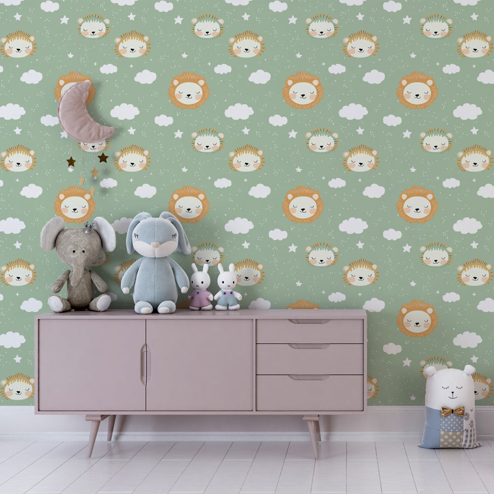 Children's lion safari mural wallpaper with stars and clouds for playroom by Kids-Mundo