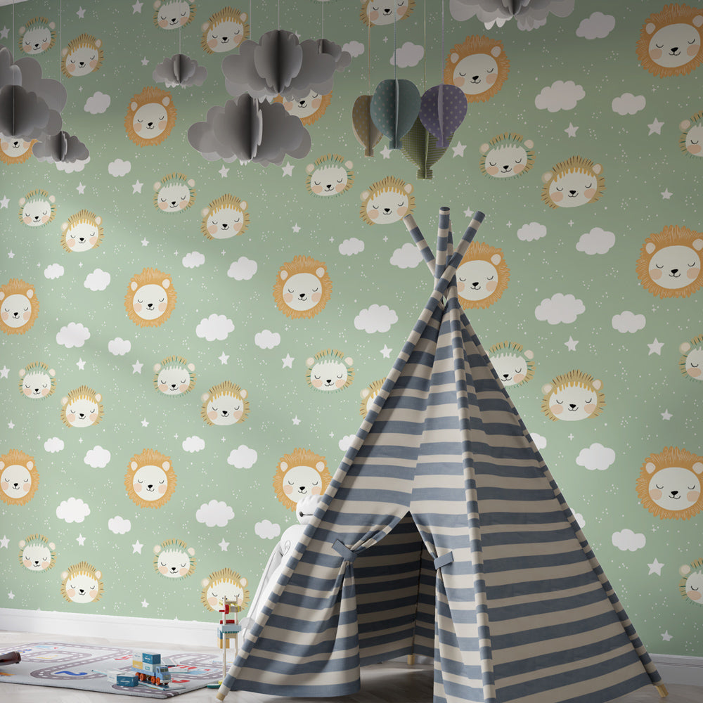 Smiling lion and clouds wallpaper transforming toddler bedroom into magical safari space by Kids-Mundo