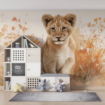 Kids-Mundo watercolour lion cub wall mural covering a feature wall in a toddler's bedroom