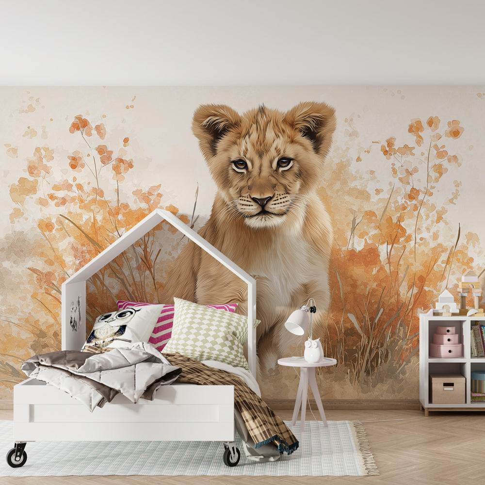 Kids-Mundo autumn lion cub wall mural brightening a warm, cosy children's playroom wall