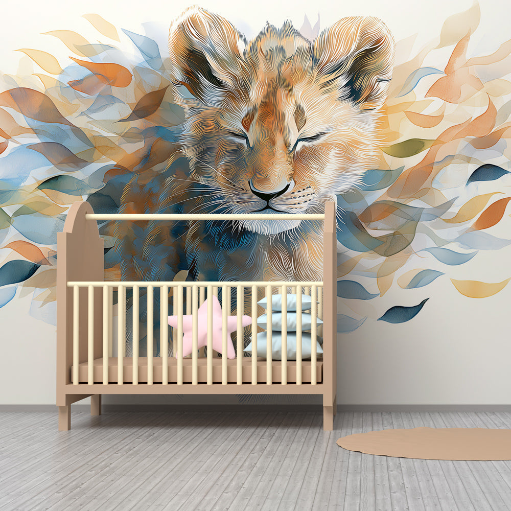 Kids-Mundo colourful lion cub wall mural covering a feature wall in a kids' bedroom