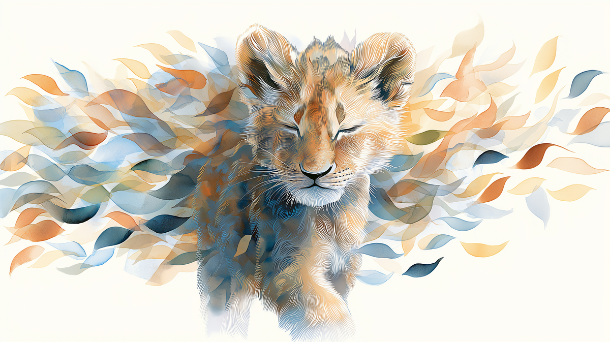 Dreamy Lion Cub in Colourful Leaves Wall Mural