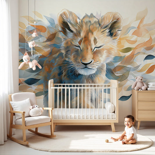 Kids-Mundo dreamy lion cub wall mural with teal and amber leaves styled in a soft nursery