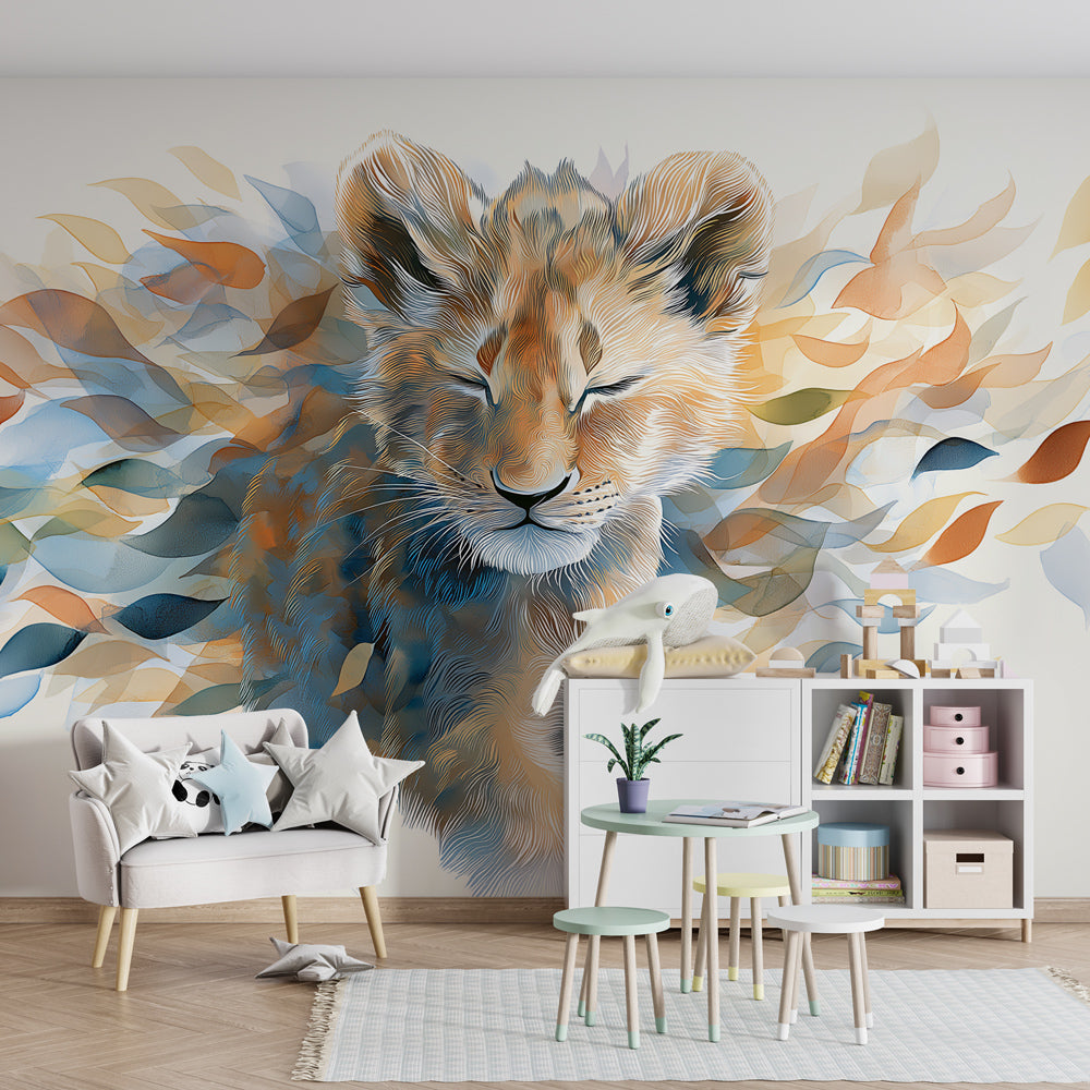 Kids-Mundo swirling leaf lion cub wall mural brightening a playful children's playroom