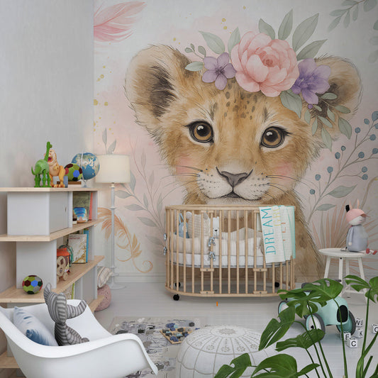 Kids-Mundo lion cub wall mural with floral crown covering a kids bedroom feature wall