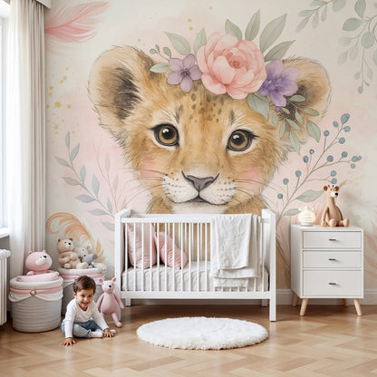 Kids-Mundo lion cub flower crown wall mural printed made to measure on a nursery wall