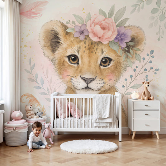Kids-Mundo lion cub flower crown wall mural printed made to measure on a nursery wall