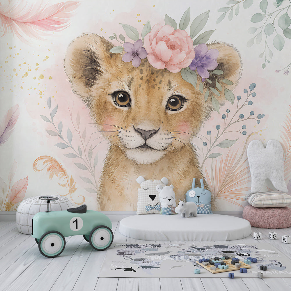 Kids-Mundo lion cub flower crown mural styled behind a cot in a playroom corner