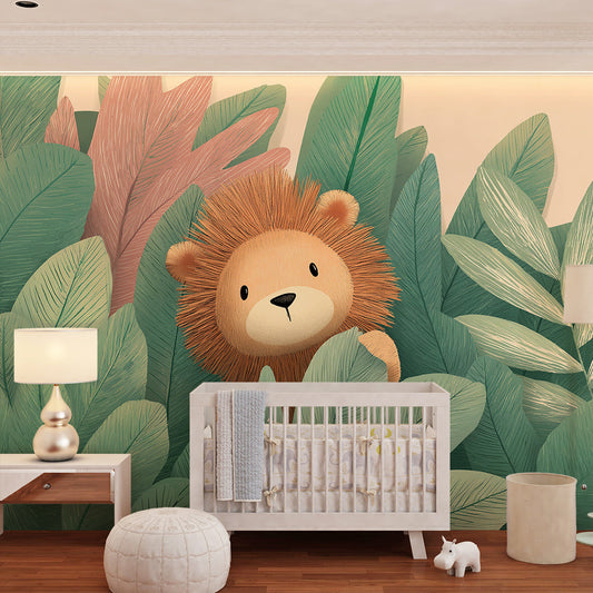 Kids-Mundo jungle lion mural styled on a kids bedroom wall with warm, storybook colours.