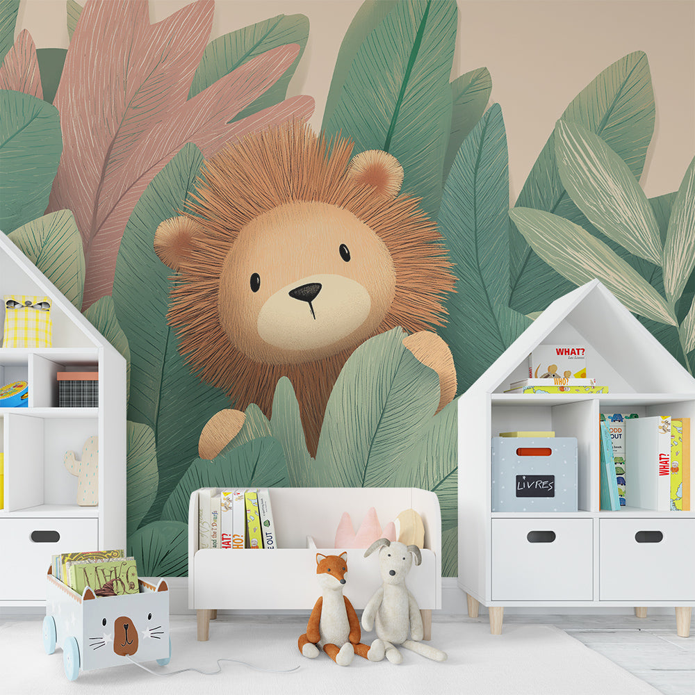 Kids-Mundo curious lion cub wall mural brightening a playroom with gentle jungle leaves.