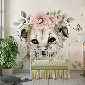 Butterfly and lion nursery wallpaper creating calm atmosphere in baby's room decor