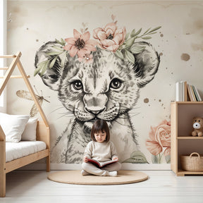 Lion cub floral mural wallpaper in elegant baby nursery with soft beige tones by Kids-Mundo