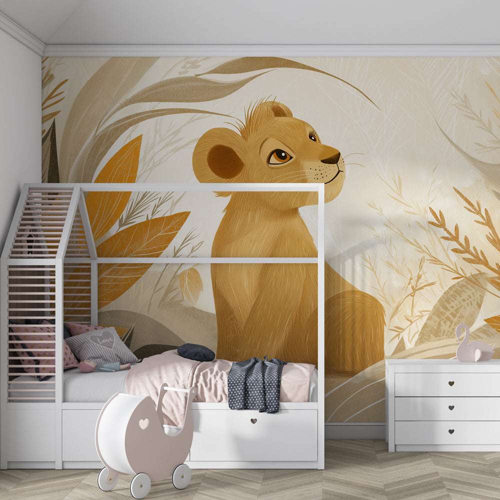 Safari lion wallpaper creating adventure-themed kids bedroom with beige and gold tones