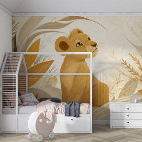 Safari lion wallpaper creating adventure-themed kids bedroom with beige and gold tones