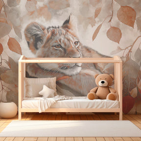Safari lion cub wallpaper in modern kids bedroom with natural wood furniture and soft lighting