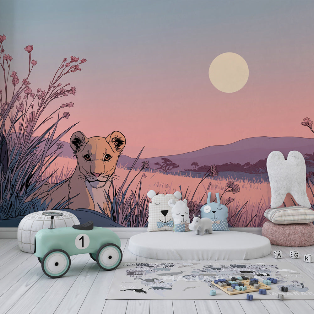 Safari themed children's bedroom featuring lion cub wallpaper with pink sunset sky