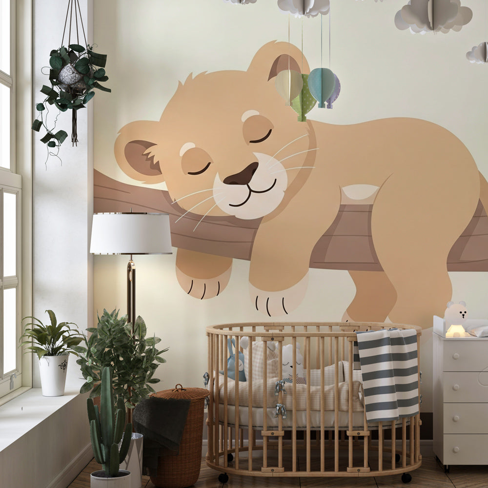 Peaceful lion cub wallpaper in modern children's bedroom with natural wood furniture and soft lighting